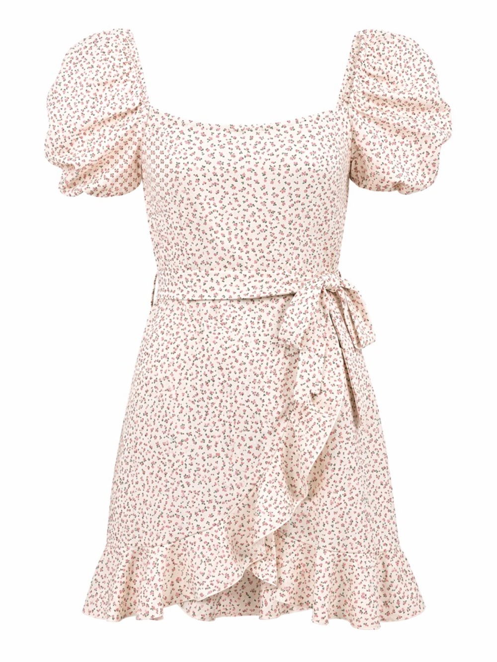 Floral Puff-Sleeve Ruffle Wrap Dress - Pink Floral